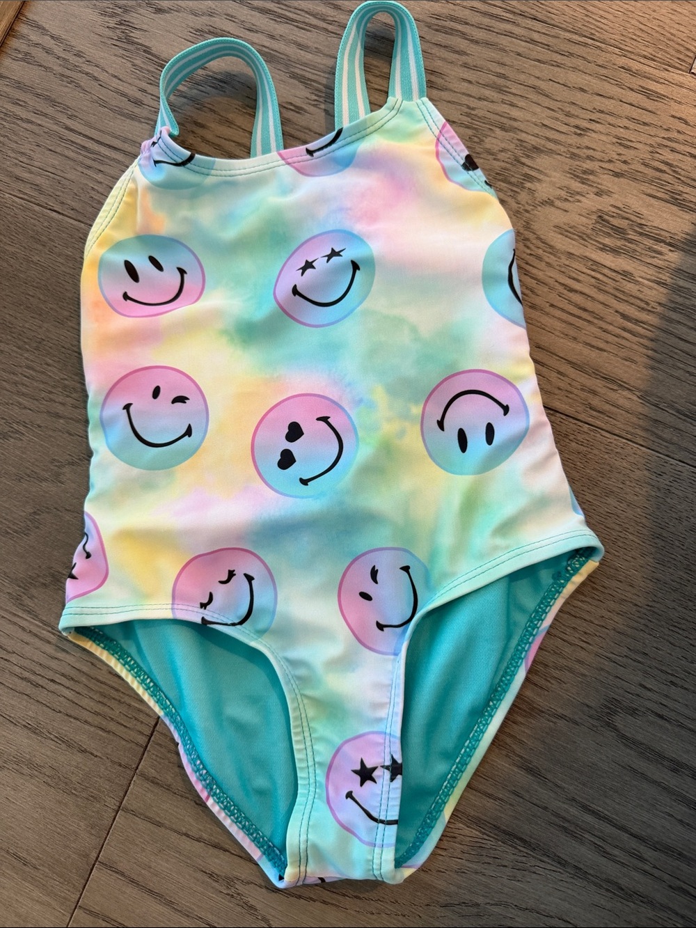 Limeapple Pastel Tie-Dye Smiley One-Piece Swimsuit with Aqua Lining